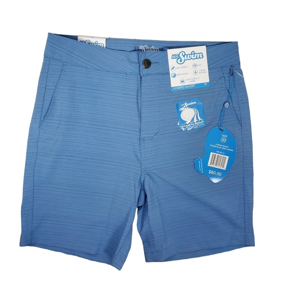 Mr Swim Mens Hybrid Short Size 30 Blue Stripe 7.5 Inseam NEW W/ TAGS Retail $80